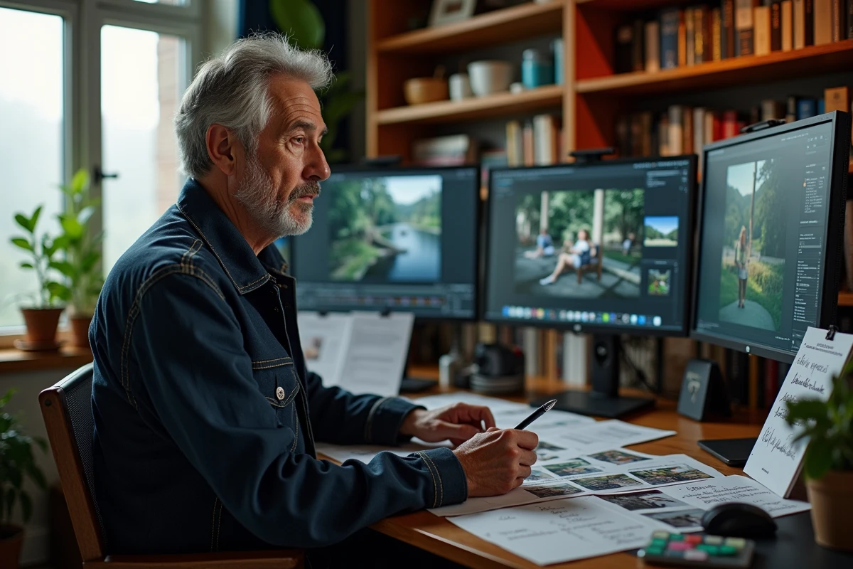 Photographe Igor Tikovoi en pleine session de post-traitement dans son bureau professionnel entouré de tirages et de monographies