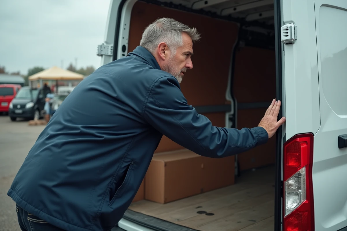 Homme inspectant l'intérieur d'un utilitaire d'occasion au marché automobile