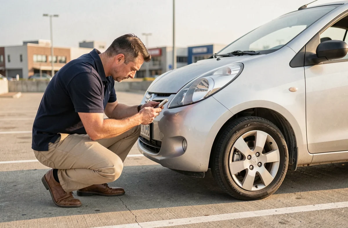 Homme inspectant minutieusement l'état d'une voiture de location avant de prendre le volant
