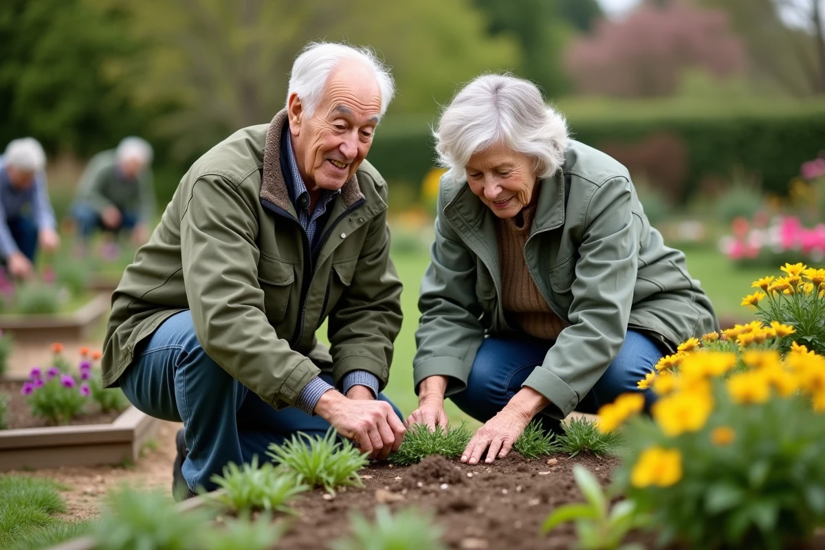 Couple de seniors jardinant ensemble dans un jardin communautaire