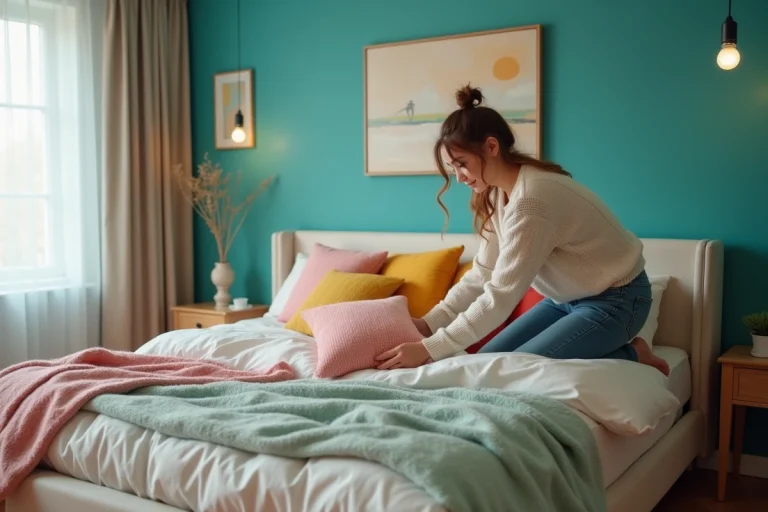 Jeune femme arrangeant des coussins colorés dans une chambre cosy