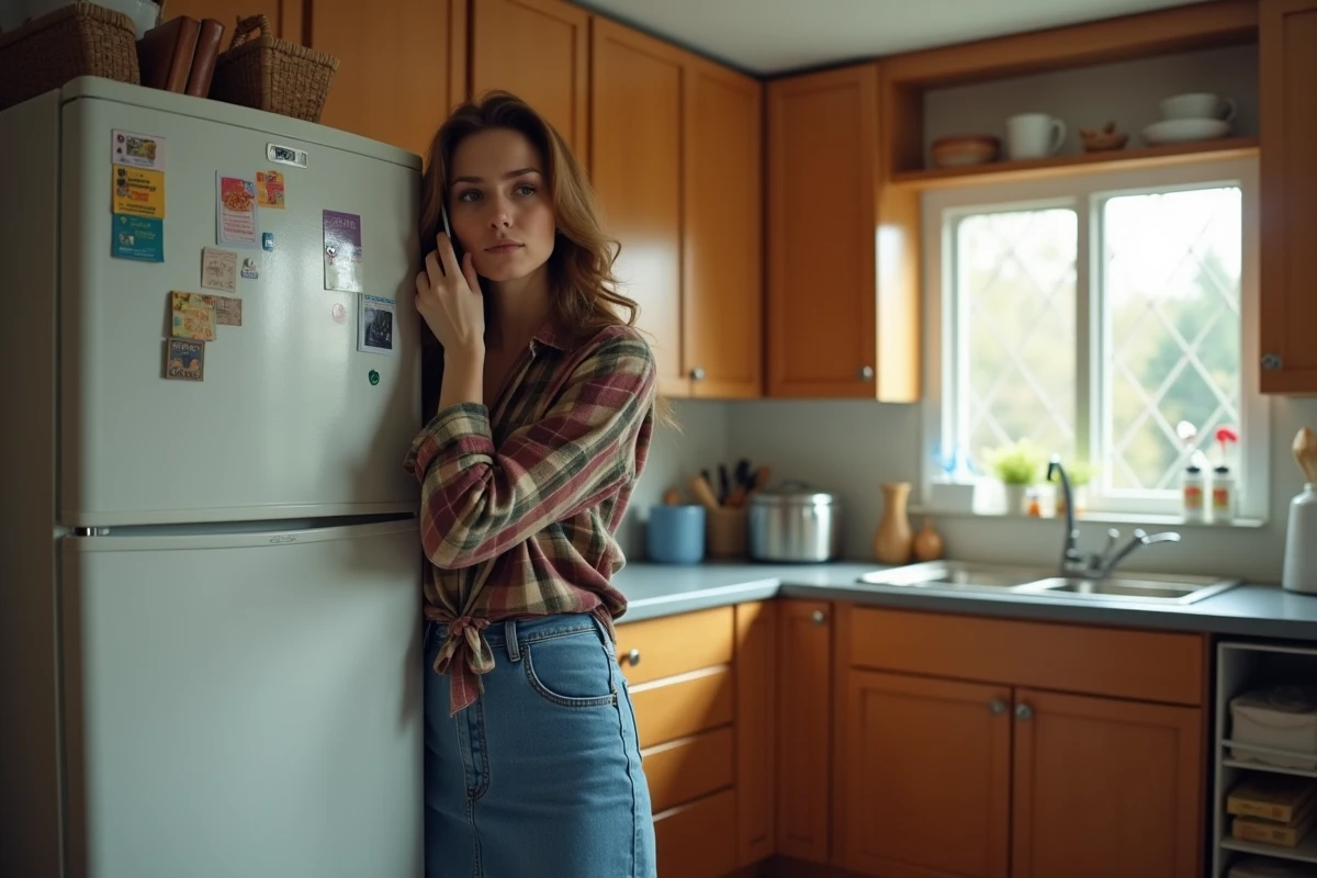Jeune femme parlant au téléphone près du frigo dans la cuisine