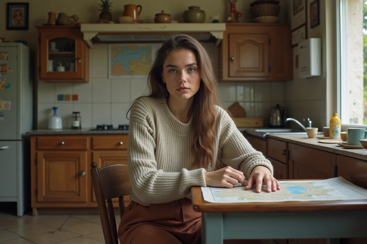 Jeune femme dans une cuisine rurale en France