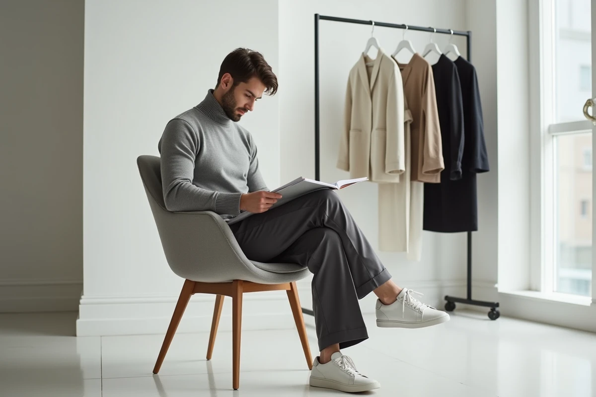 Jeune homme en tenue minimaliste dans un studio mode