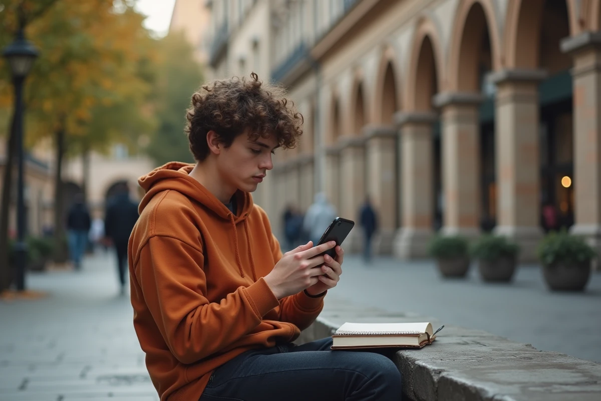 Jeune personne en ville consultant les appels inconnus sur son téléphone depuis un banc public