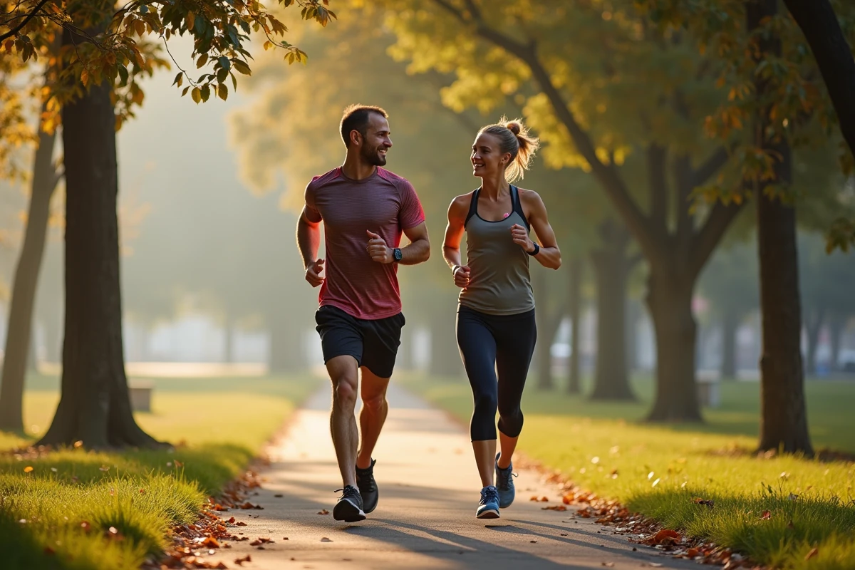 Deux personnes qui font du jogging ensemble dans un parc urbain le matin pour adopter une routine de fitness régulière