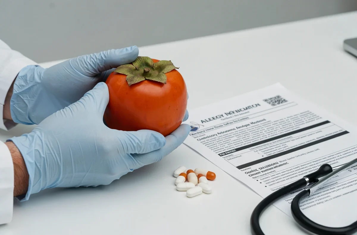 Mains tenant un kaki à côté de comprimés antihistaminiques et d'une fiche d'information sur les allergies, contexte médical