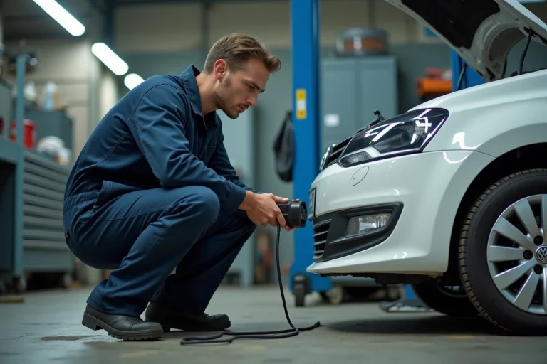Mécanicien diagnostiquant le voyant moteur d'une Volkswagen Polo 5 avec un outil OBD-II dans un garage