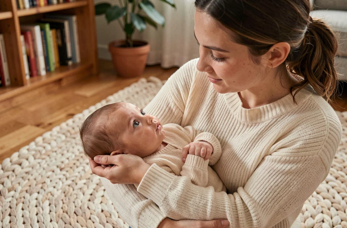 Jeune mère tenant son bébé dans ses bras sur un tapis de jeu en coton dans un salon chaleureux, regard complice et éveil du nourrisson