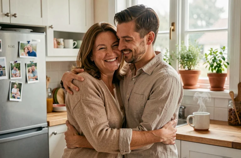 Mère d'âge mûr enlacant tendrement son fils adulte dans une cuisine familiale chaleureuse, sourires complices et moment d'amour maternel authentique