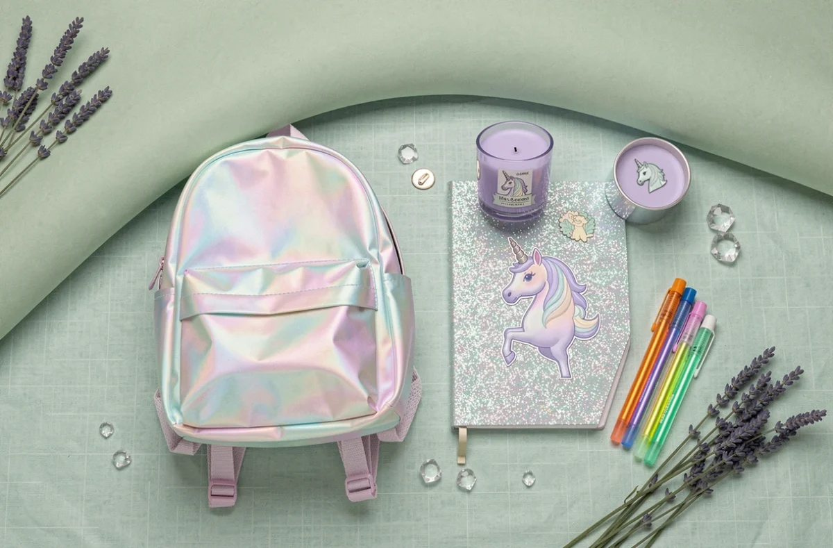 Flat-lay des nouveaux produits tendance Happy Licorne incluant sac à dos irisé, carnet pailleté et accessoires pastel sur fond lin menthe