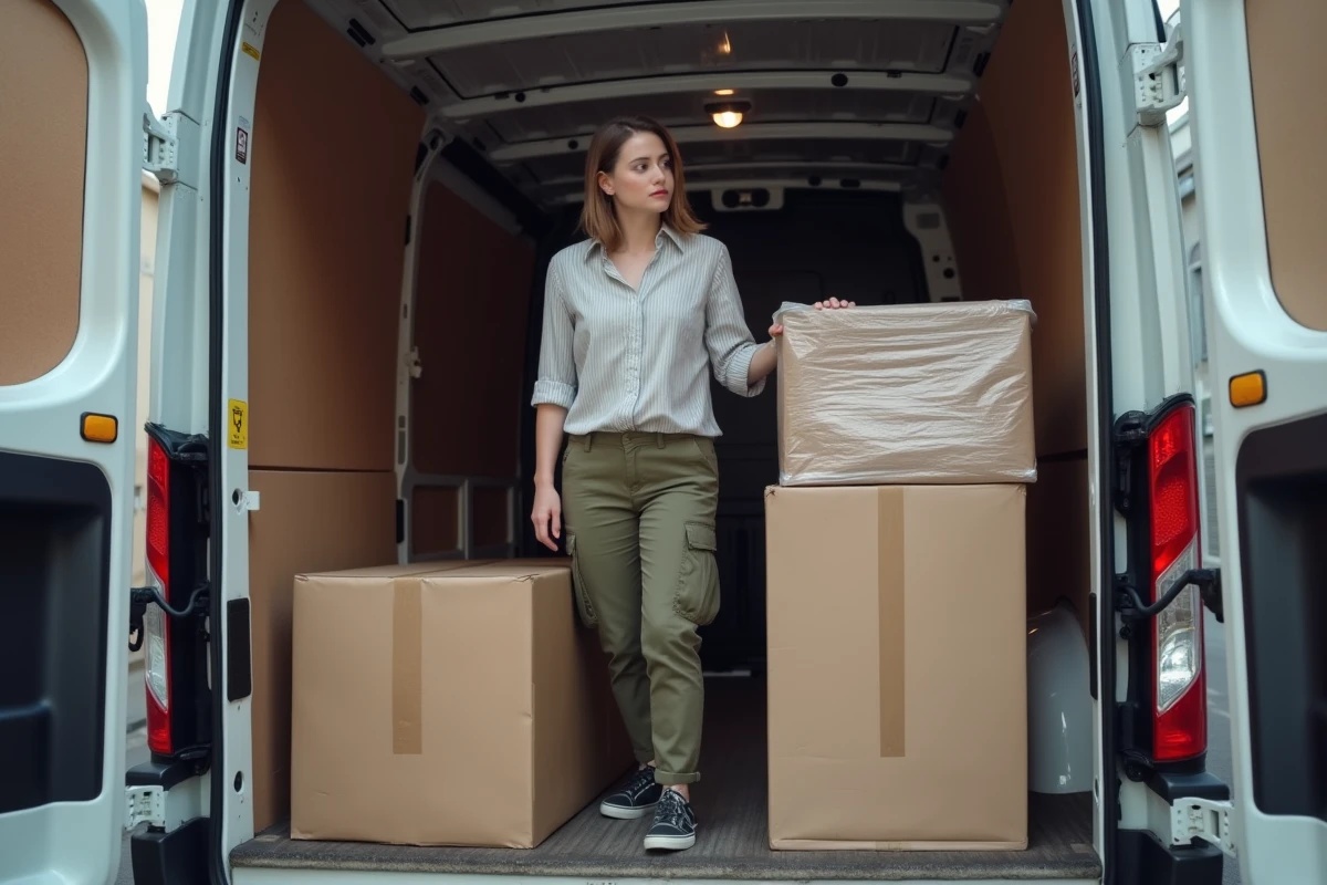 Femme organisant des meubles et cartons à l'intérieur d'un utilitaire de location pendant un déménagement en solo