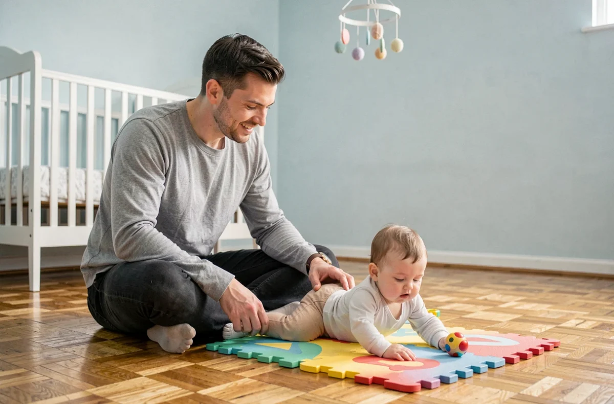 Père encourageant son bébé pendant l'heure de plat ventre sur un tapis sensoriel dans une chambre de nourrisson décorée en bleu pâle