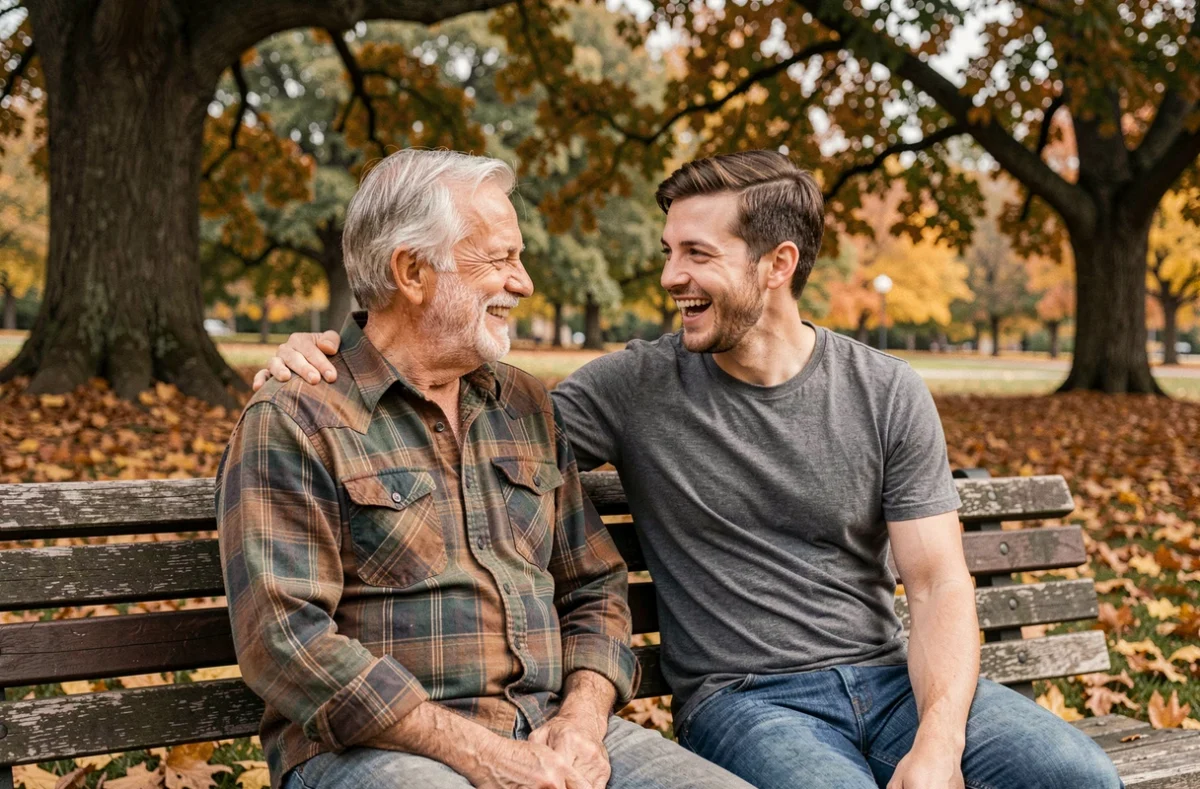 Père et fils adulte assis ensemble sur un banc dans un parc en automne, moment de complicité et d'affection paternelle parmi les feuilles dorées