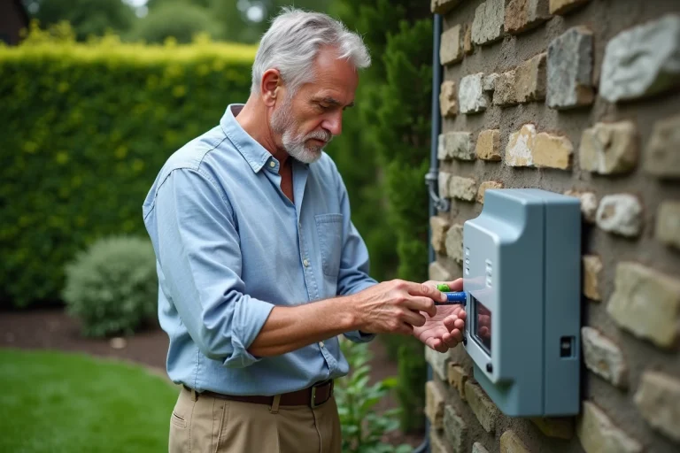 Homme changeant les piles d'un programmateur d'arrosage installé sur un mur de jardin extérieur