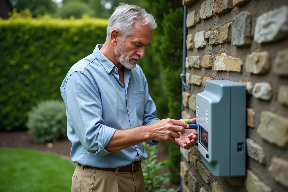 Homme changeant les piles d'un programmateur d'arrosage installé sur un mur de jardin extérieur