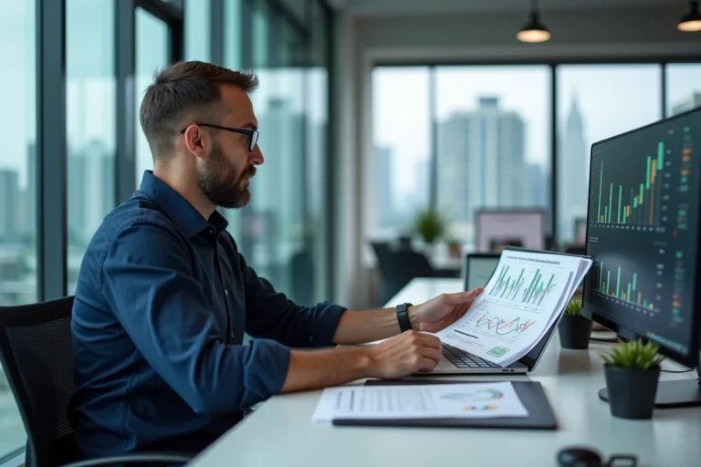 Responsable informatique d'entreprise comparant des offres de fournisseurs d'accès Internet sur ordinateur portable au bureau
