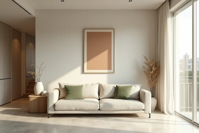 Salon minimaliste moderne aux tons ivoire, vert sauge et lin avec canapé boucle, console en chêne et sol en béton poli