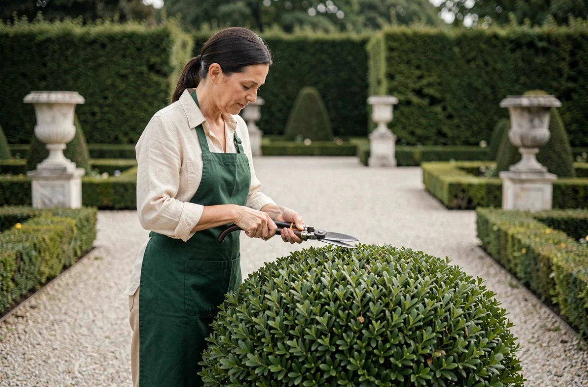 Femme sculptant un arbuste en topiaire dans un jardin à la française avec des cisailles de taille
