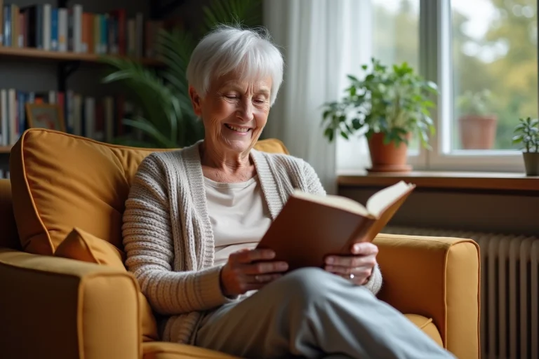 Femme senior souriante lisant un livre dans un salon chaleureux