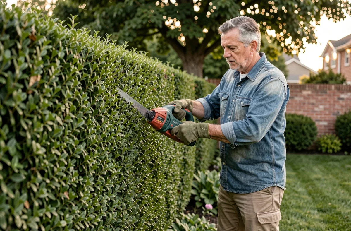 Jardinier professionnel taillant une haie de buis avec une taille-haie électrique dans un jardin soigné