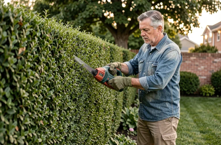 Jardinier professionnel taillant une haie de buis avec une taille-haie électrique dans un jardin soigné