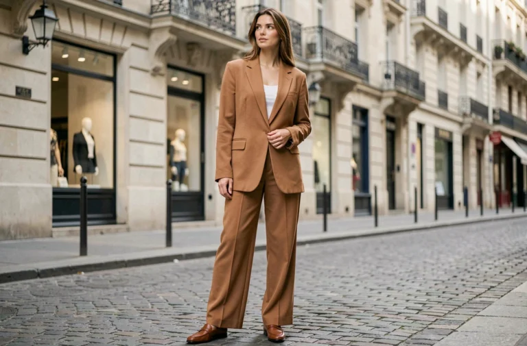 Femme élégante portant un blazer oversize camel et un pantalon large tendance dans une rue pavée parisienne