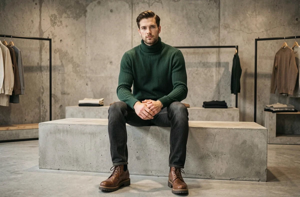 Homme tendance en pull col roulé vert et jean slim assis dans un concept store minimaliste moderne