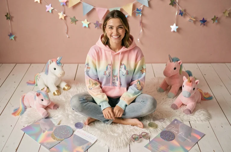 Jeune femme souriante entourée de produits Happy Licorne pastel et d'accessoires holographiques dans un studio lifestyle cosy