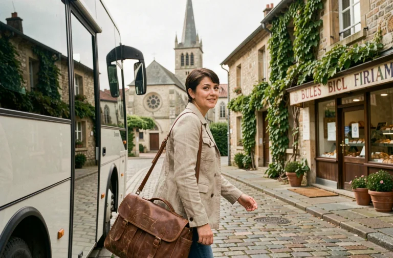 Voyageuse descendant d'un bus régional dans un village français pittoresque avec façades en pierre et église médiévale